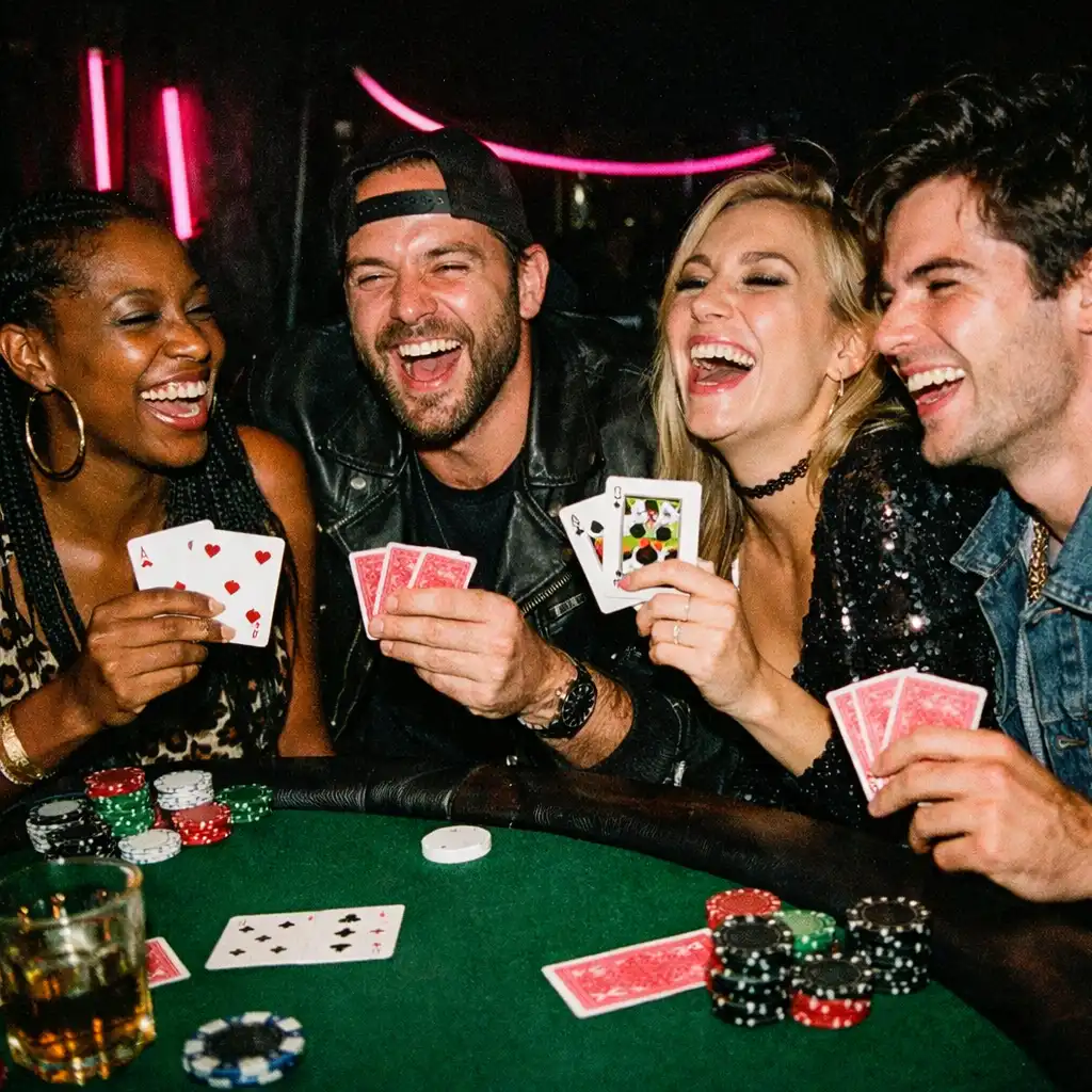 Group of people laughing and holding cards at a poker table