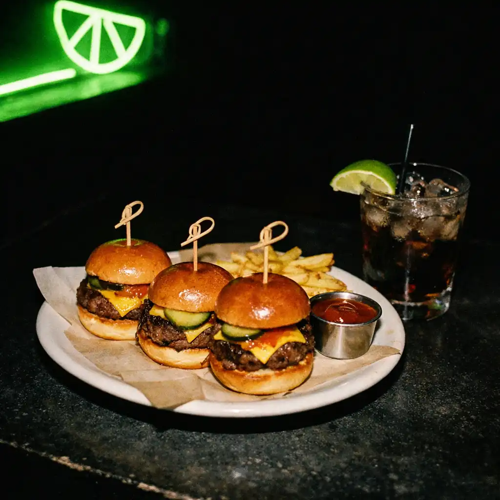 Late-night sliders and a drink on a dark counter