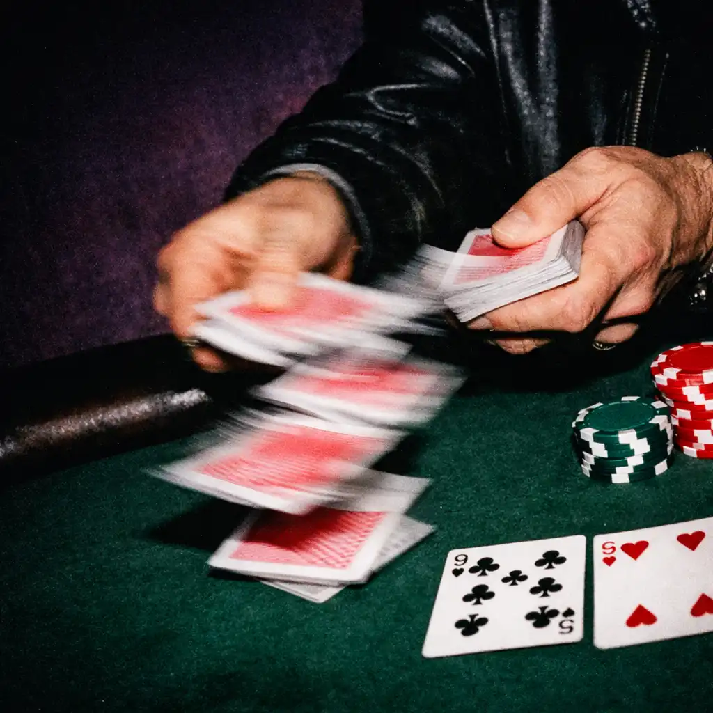 Hands dealing cards at a poker table with motion blur