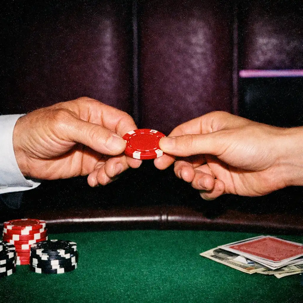 Flash-lit photograph of two hands exchanging a physical chip across a poker table