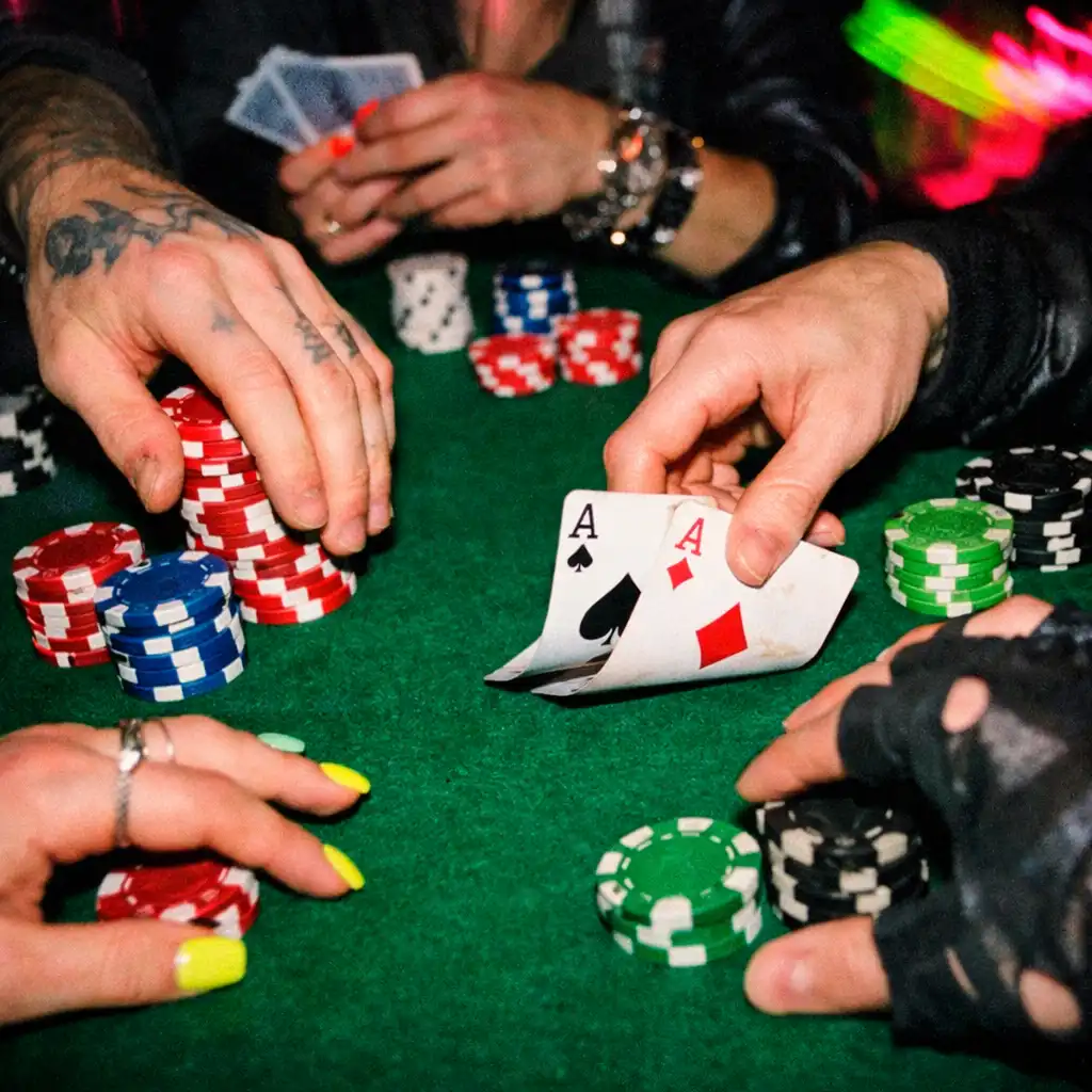 Candid flash-lit photograph of hands at a poker table during a late-night game