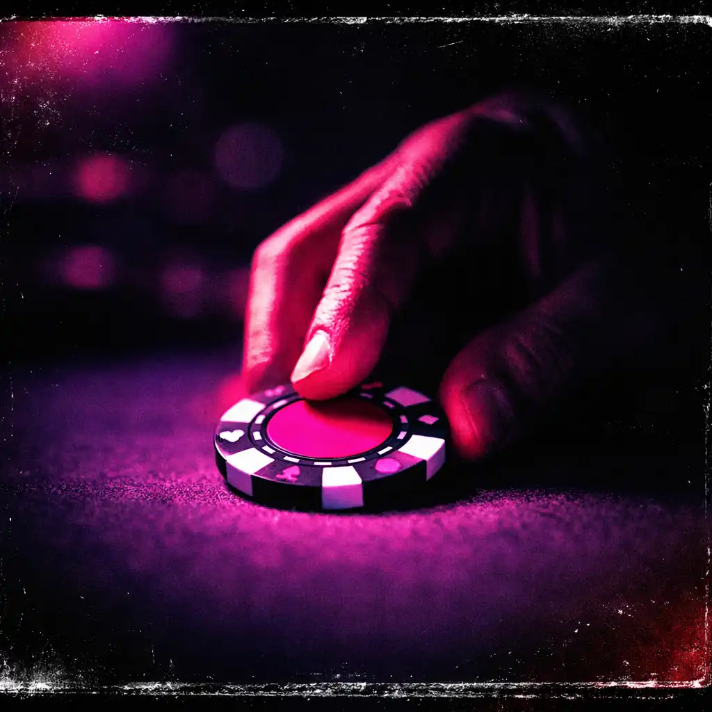 Dramatic flash-lit photograph of a hand placing a physical chip on a poker table
