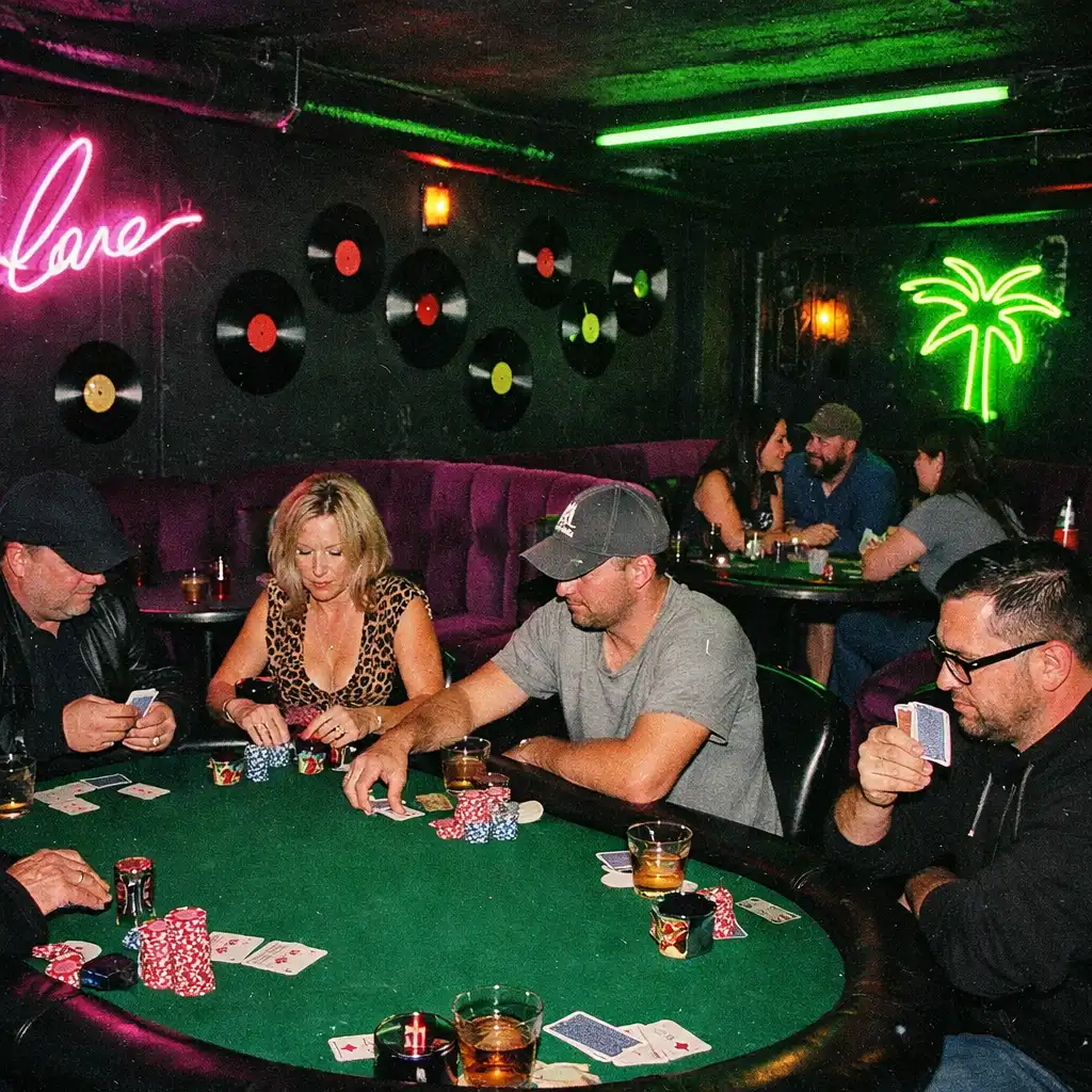 Interior of the Ash End Pearl card lounge with black walls, deep-purple velvet seating, poker tables, and neon accents