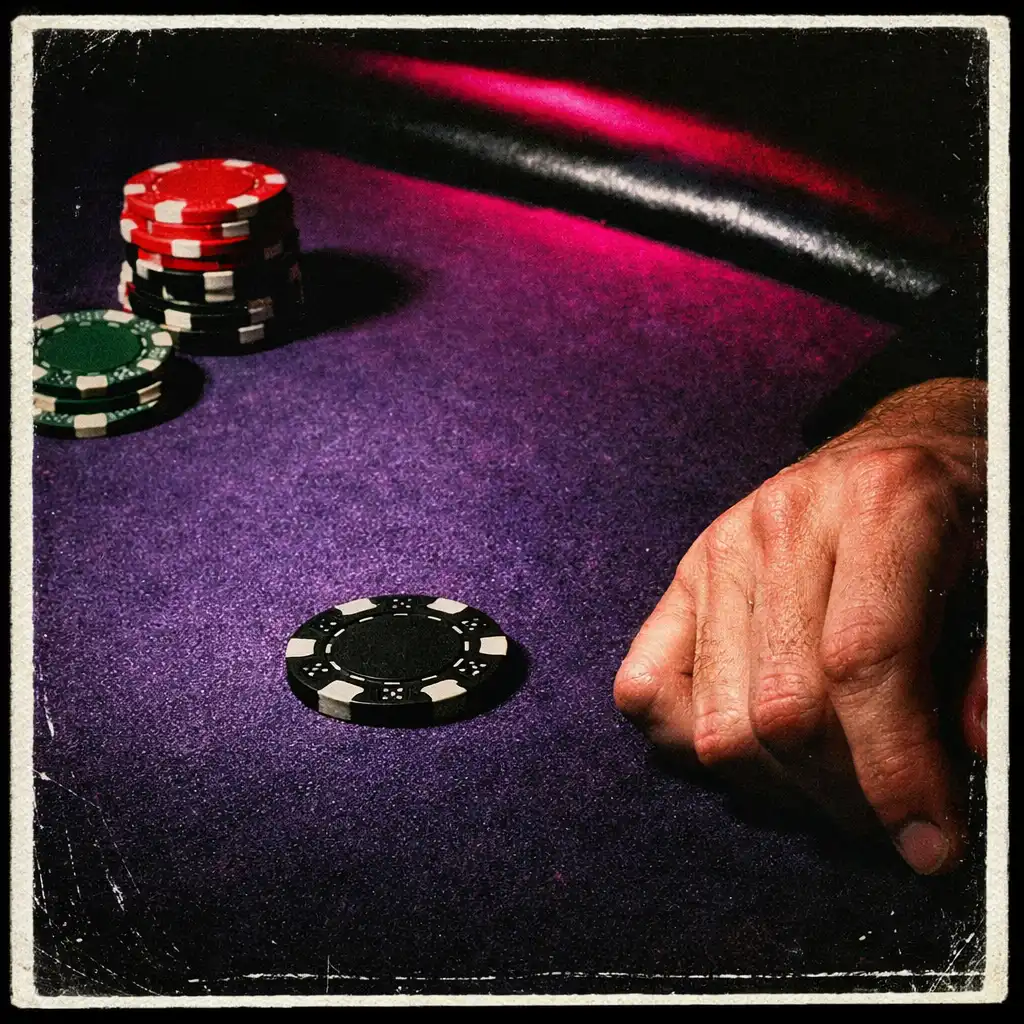 Flash-lit close-up of a felt poker table with physical chips and a player's hand
