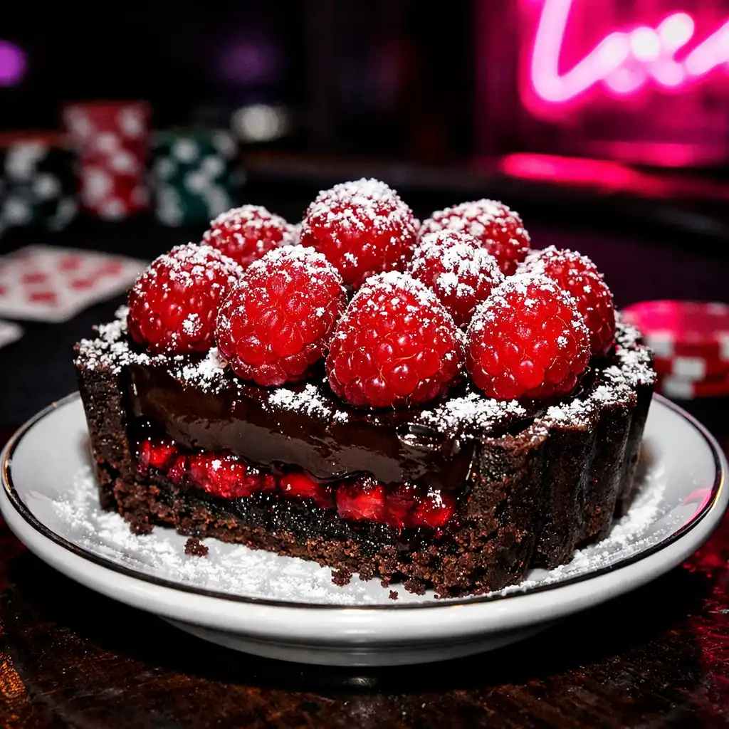 Dark chocolate and raspberry tart with powdered sugar on a small plate