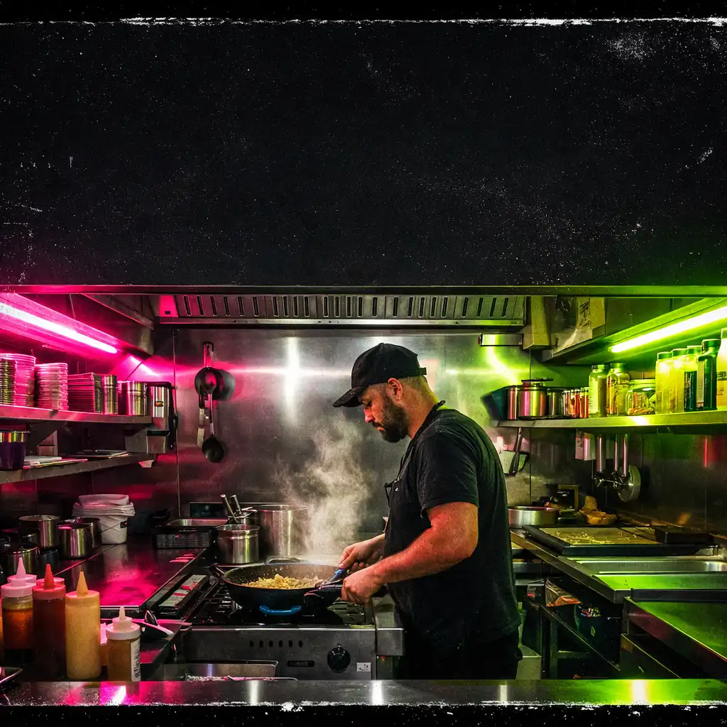 Wide flash-lit kitchen interior at night with stainless steel surfaces and neon fuchsia and toxic lime accents