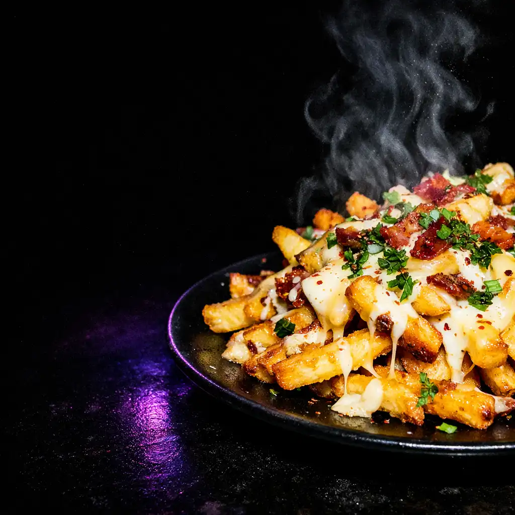 Flash-lit close-up of a late-night loaded fries dish with melted cheese and herbs on a dark plate