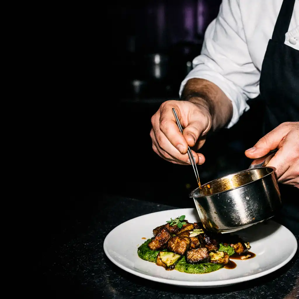 Chef's hands plating a dish in a dark kitchen with deep-purple accents