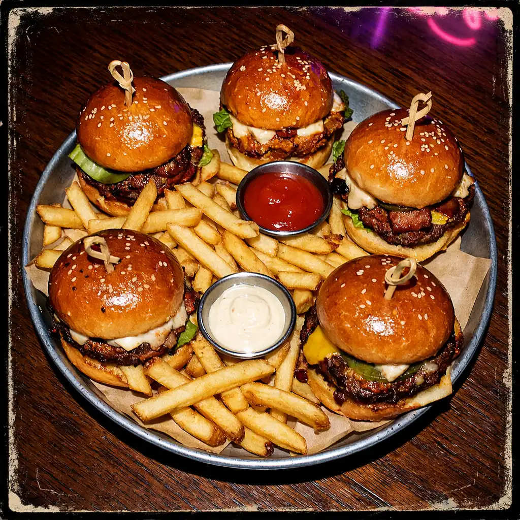 Overhead flash-lit share plate with mini sliders and fries on a dark wooden table