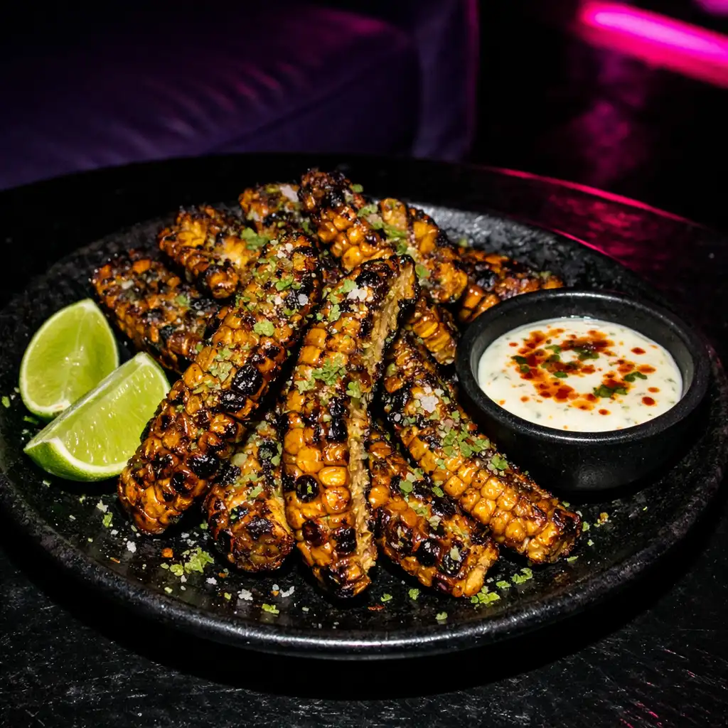Flash-lit share plate with charred corn ribs and lime salt on a dark table