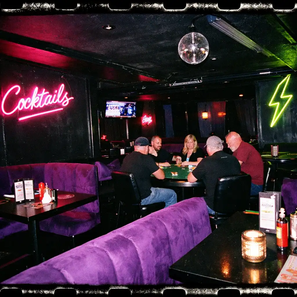 Late-night lounge interior with deep-purple seating and poker tables in the background