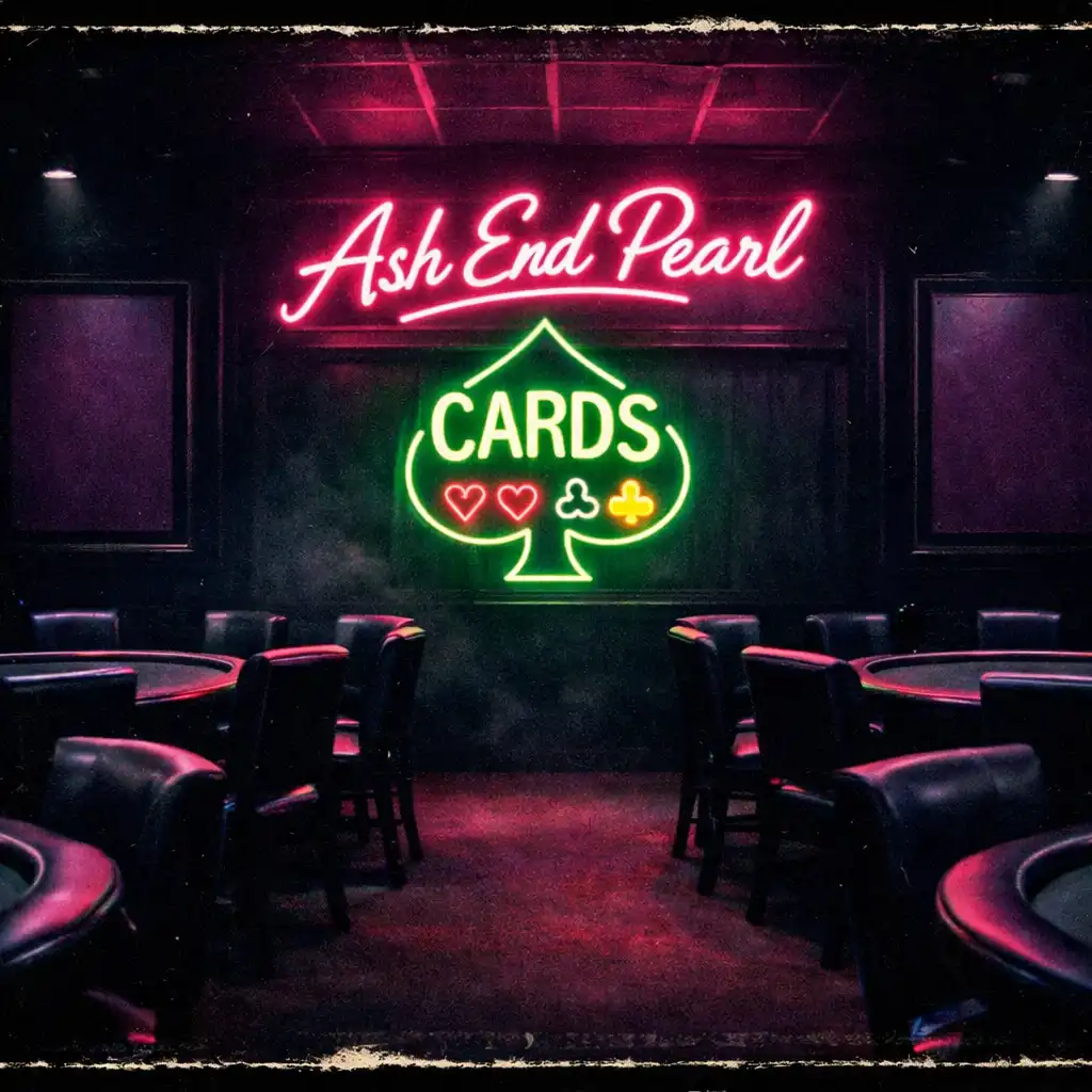 Ash End Pearl card lounge after midnight with neon signs glowing over empty poker tables