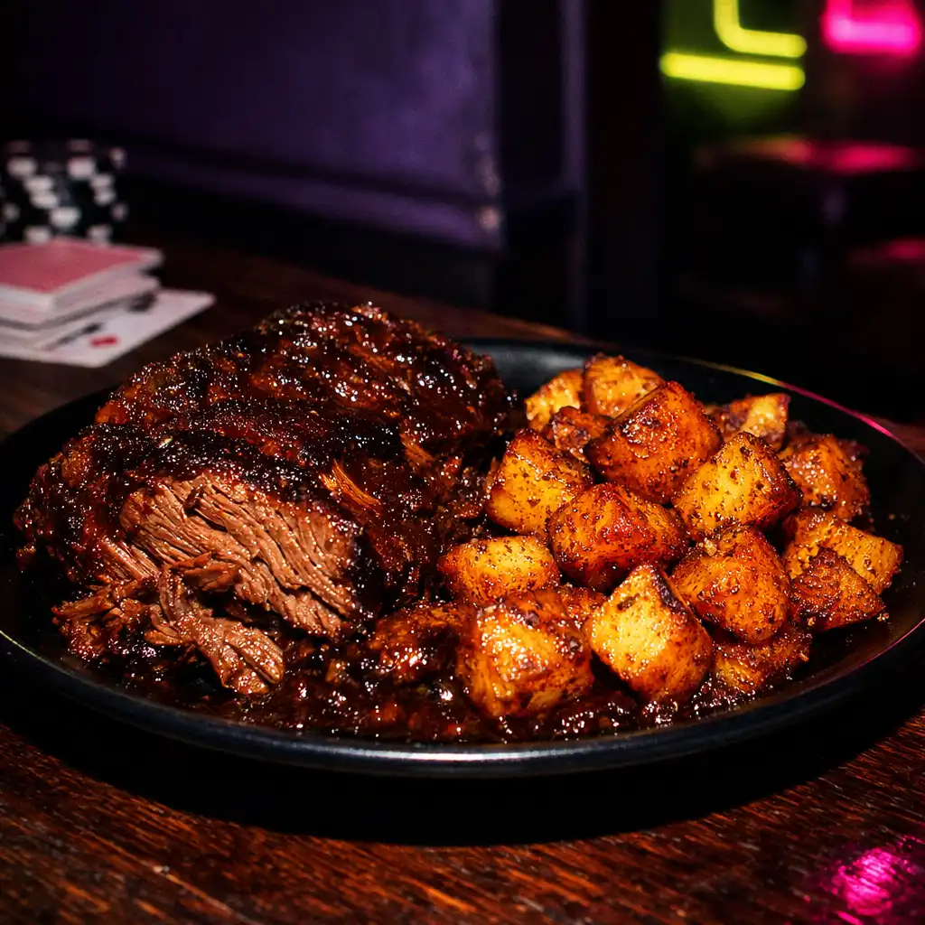 Slow-cooked beef brisket with smoked paprika potatoes on a dark plate