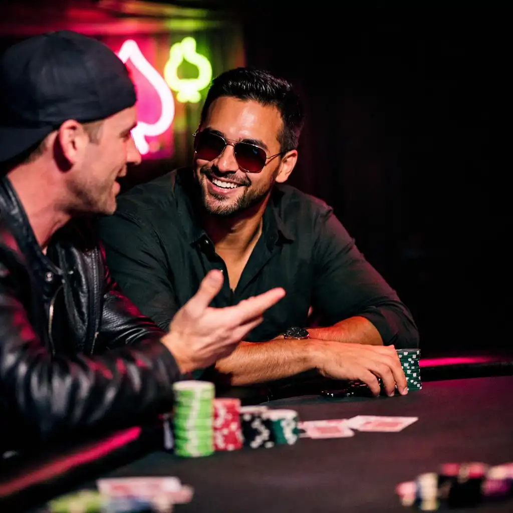 Two players talking quietly between hands at a poker table in a neon-lit lounge