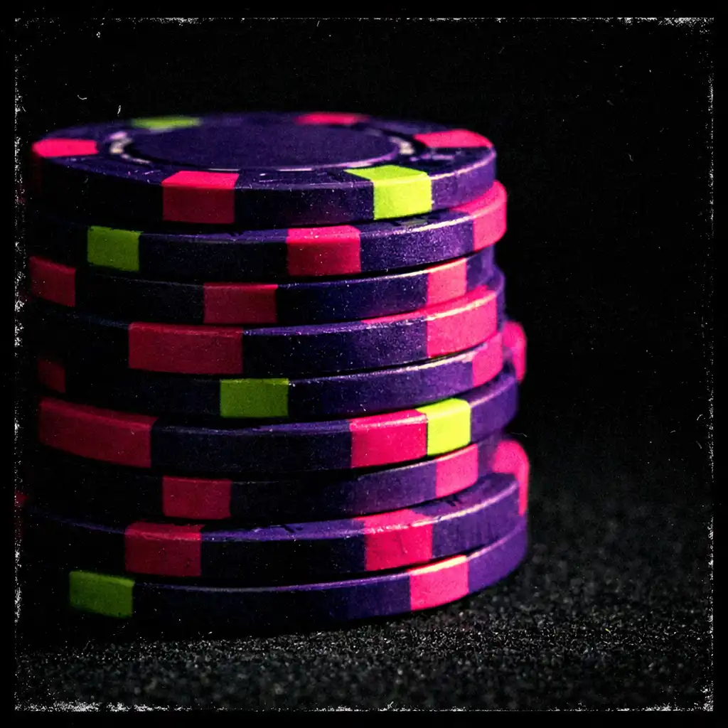 Close-up of poker chips on a black felt table under harsh flash lighting