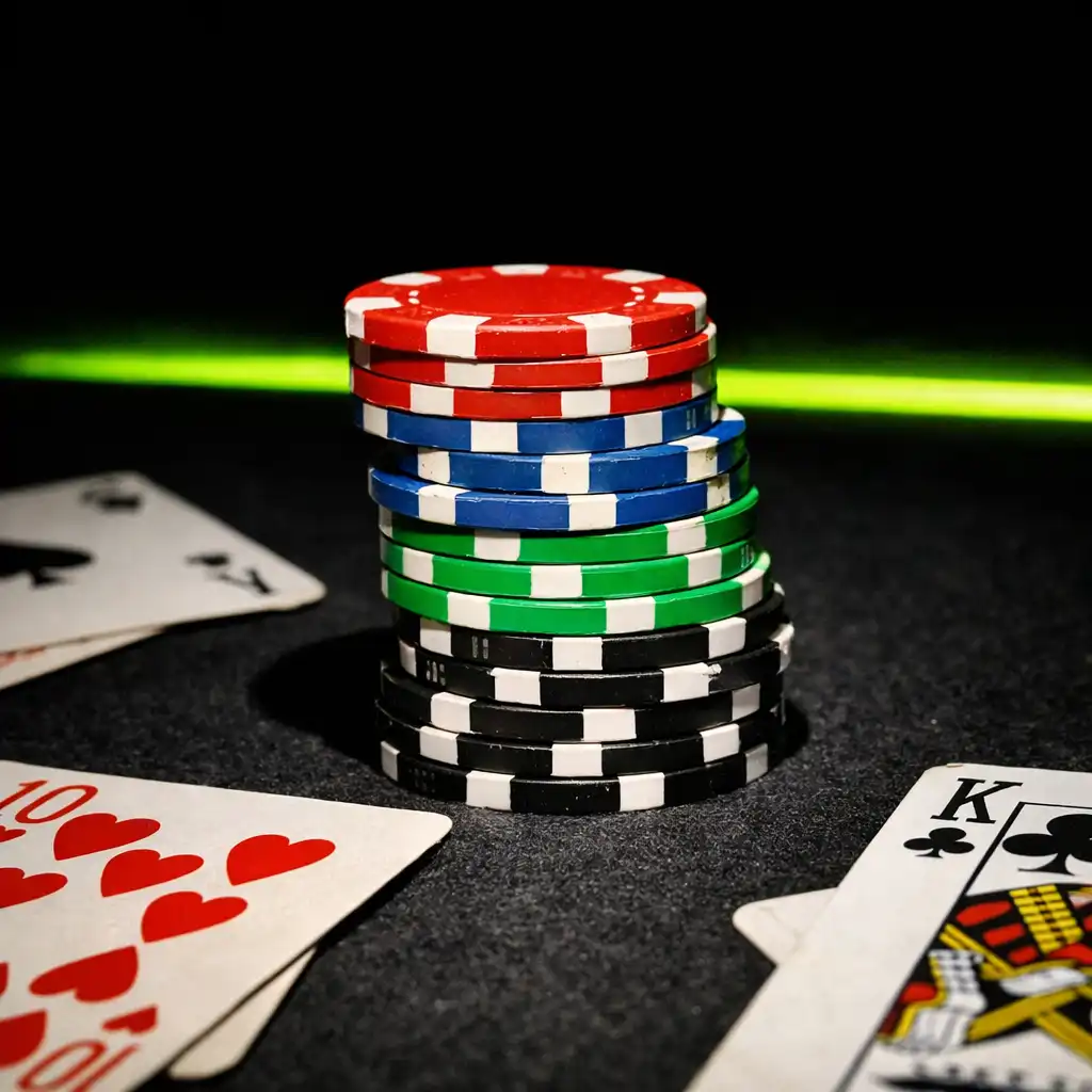 Stack of colorful poker chips on a dark felt table with playing cards nearby