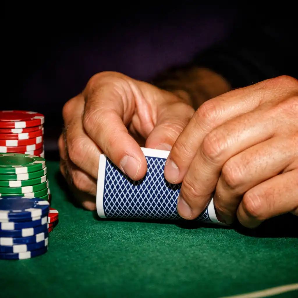 Hands holding playing cards at a poker table with colorful chips nearby