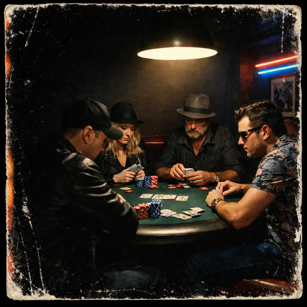 A private poker gathering in an intimate room of the card lounge with four players focused on a game