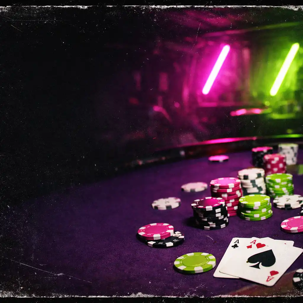 Flash-lit poker table in a dark underground card lounge with neon fuchsia and toxic lime lights