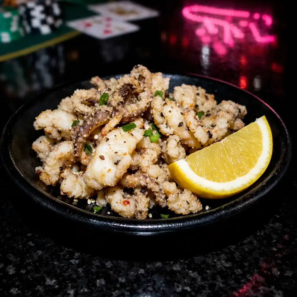 Crispy salt and pepper squid with lemon on a black plate in a late-night card lounge