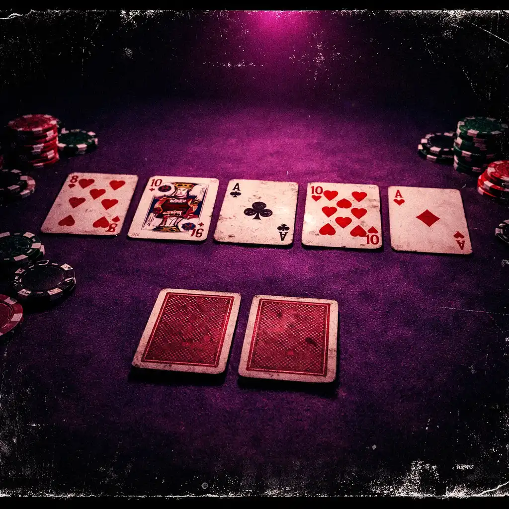 A Texas Hold'em hand with two hole cards and five community cards on deep purple felt under a neon spotlight